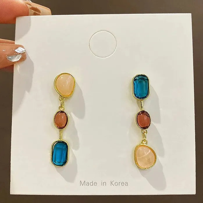 Classic Colorful Zircon Oval Drop Earrings for Women Vintage Style Jewelry