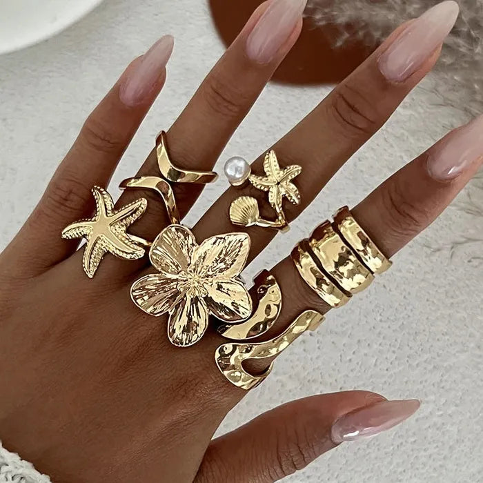 6Pcs Adjustable Vintage Pearl Flower Starfish Rings for Women Gift Set