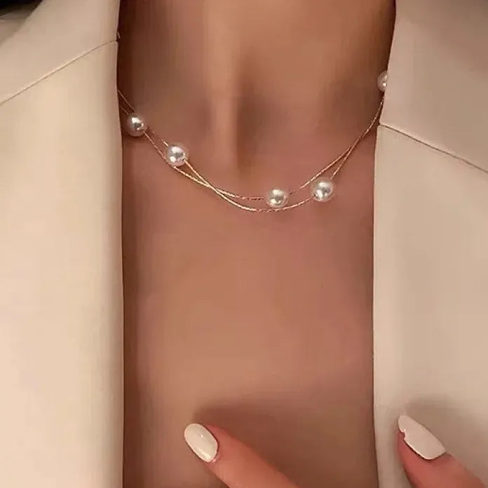 Imitation Pearl Choker Necklace for Women Double Layer Gold Chain Circle Pendant Gift