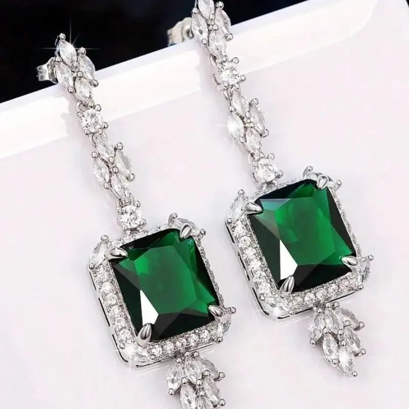 Green Imitation Crystal Flower Pendant Earrings with Metal Leaf Copper Gift