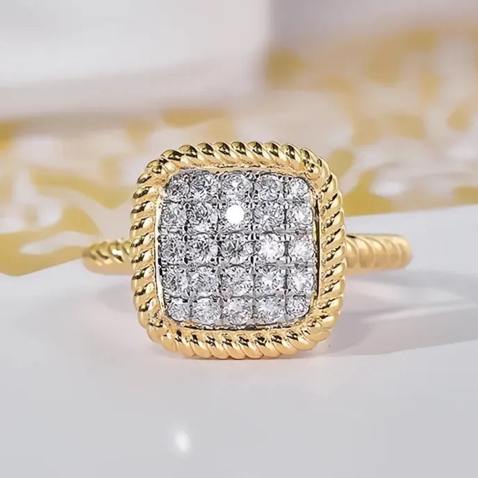 Modern Two-Tone Brass Women’s Wedding Band Ring Square Shape Cubic Zirconia Jewelry