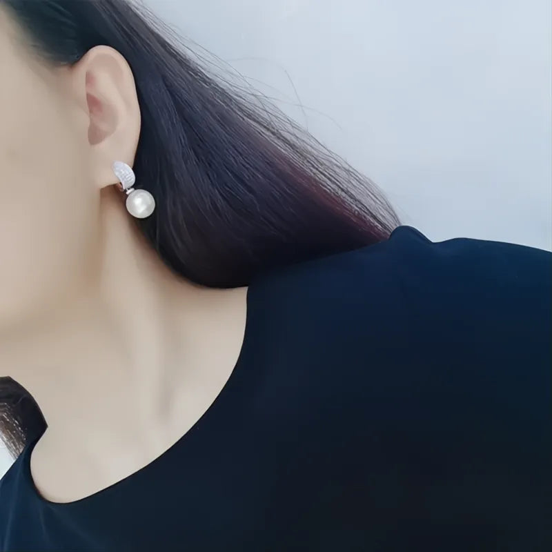 Luxury CZ Imitation Pearl Drop Earrings for Women Silver Tone Elegant Wedding Jewelry