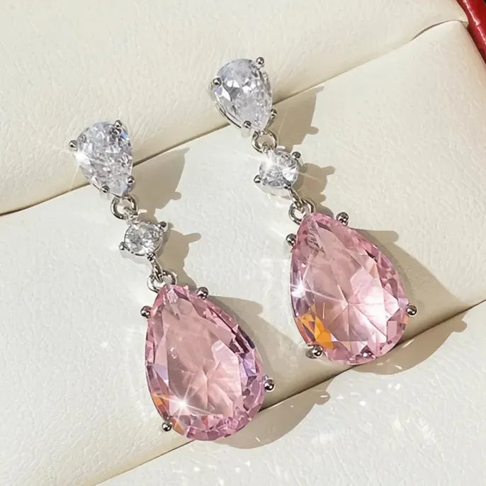 Temperament Sweet Pink Pear Cubic Zirconia Drop Earrings for Women Engagement Party Jewelry