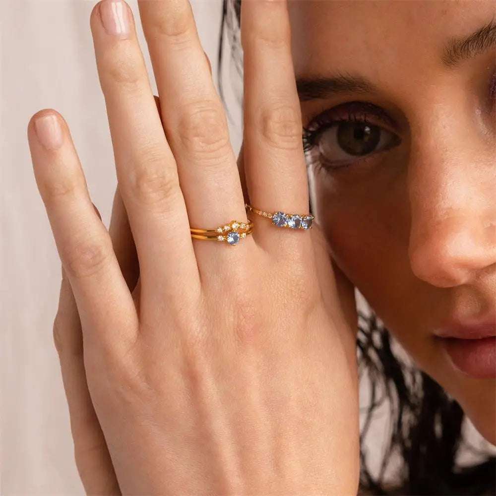 3 Pair Gold Plated Blue Crystal Zircon Rings Bride Wedding Jewelry Accessories