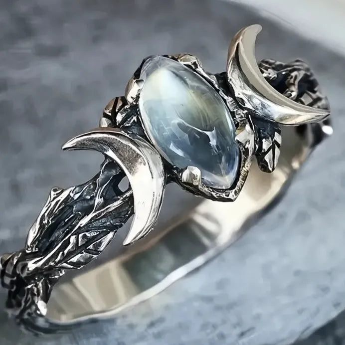 Vintage Geometric Olive Branch Ring with Imitation Moonstone for Women Gift