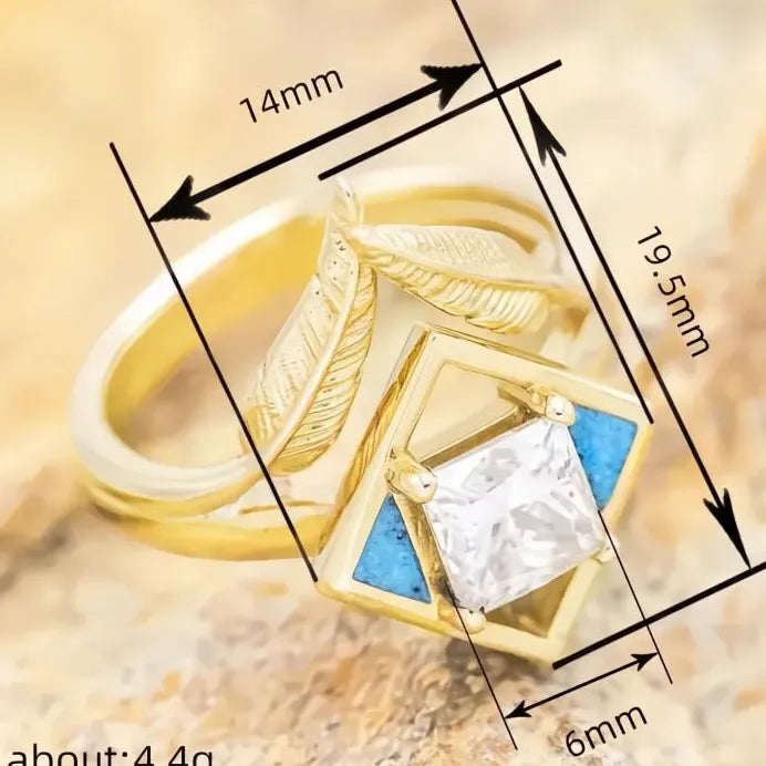Luxury Feather Design Ring with Princess Cut Cubic Zirconia for Women