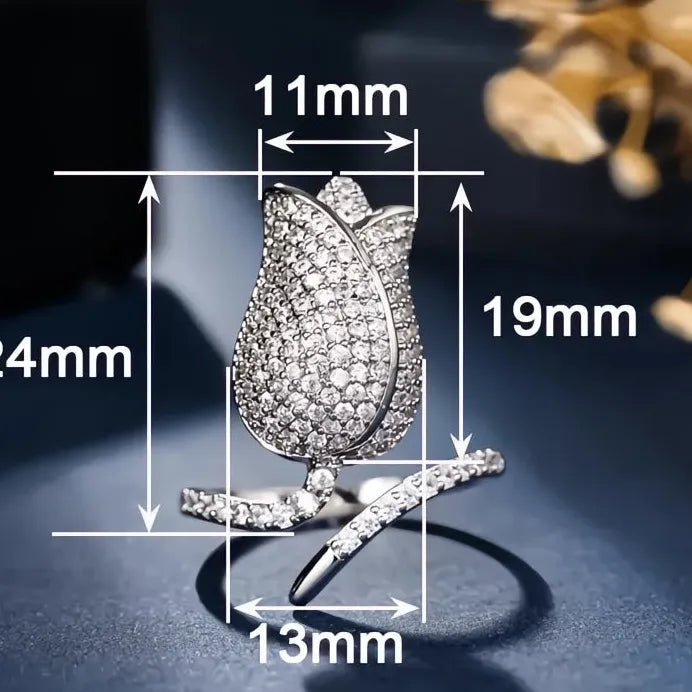 Adjustable Tulip-Shaped Women’s Ring with CZ Brass Flower Design