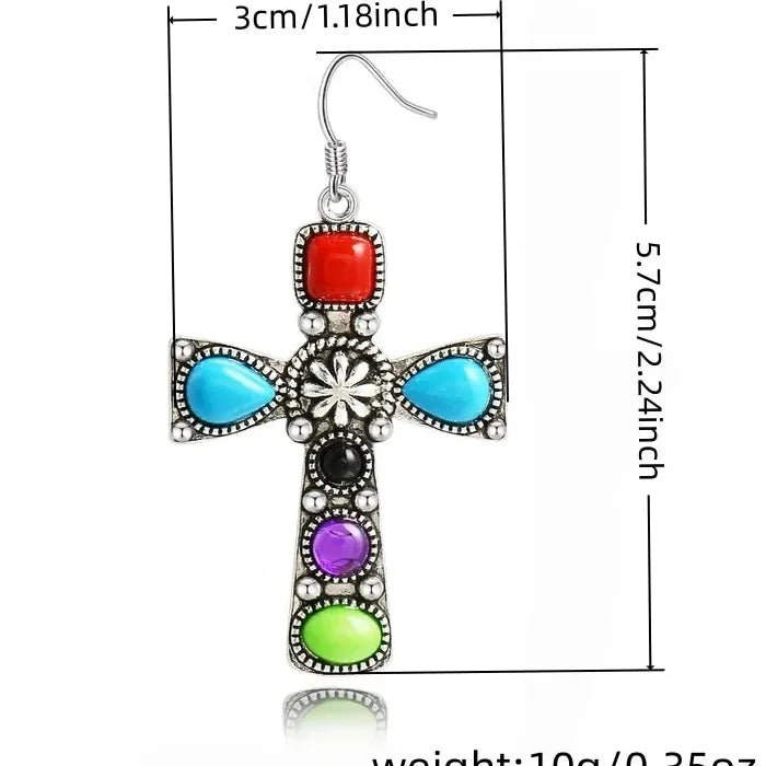 Vintage Bohemian Style Colored Gemstone Inlaid Pendant Drop Earrings for Women
