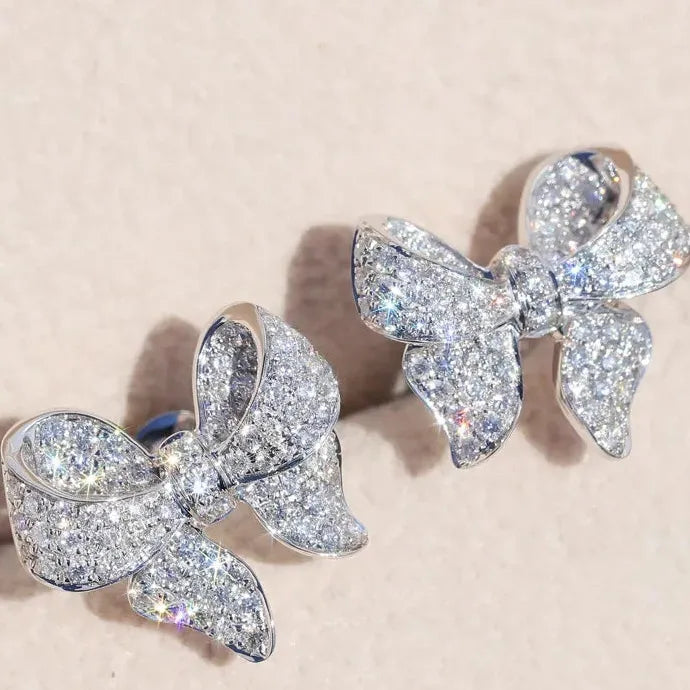 Romantic Bowknot Women Stud Earrings Crystal Zircon Glass Stone Jewelry