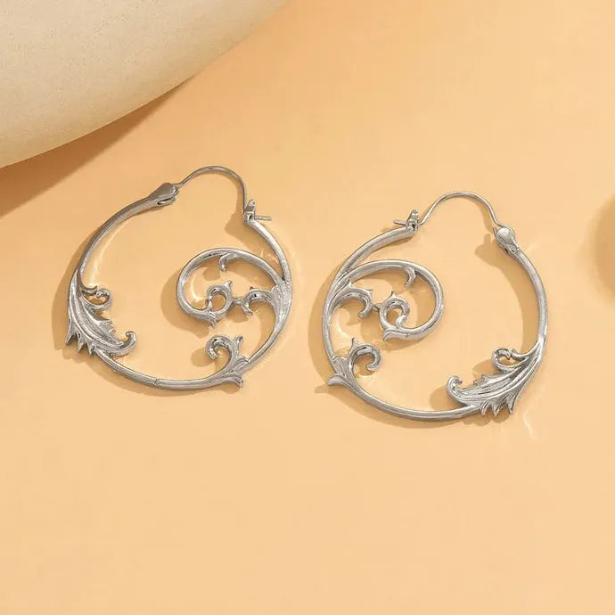 Vintage Silver Copper Metal Carved Geometric Spiral Drop Earrings Women