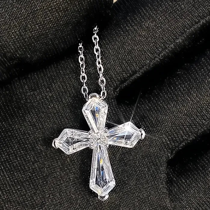 Silver Cross Pendant Necklace with Crystal Cubic Zirconia Wedding Jewelry for Women