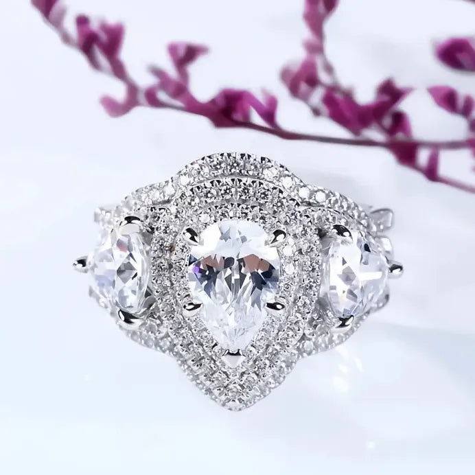 Opulent 3Pc Cubic Zirconia Bridal Wedding Ring Set with Geometric Design