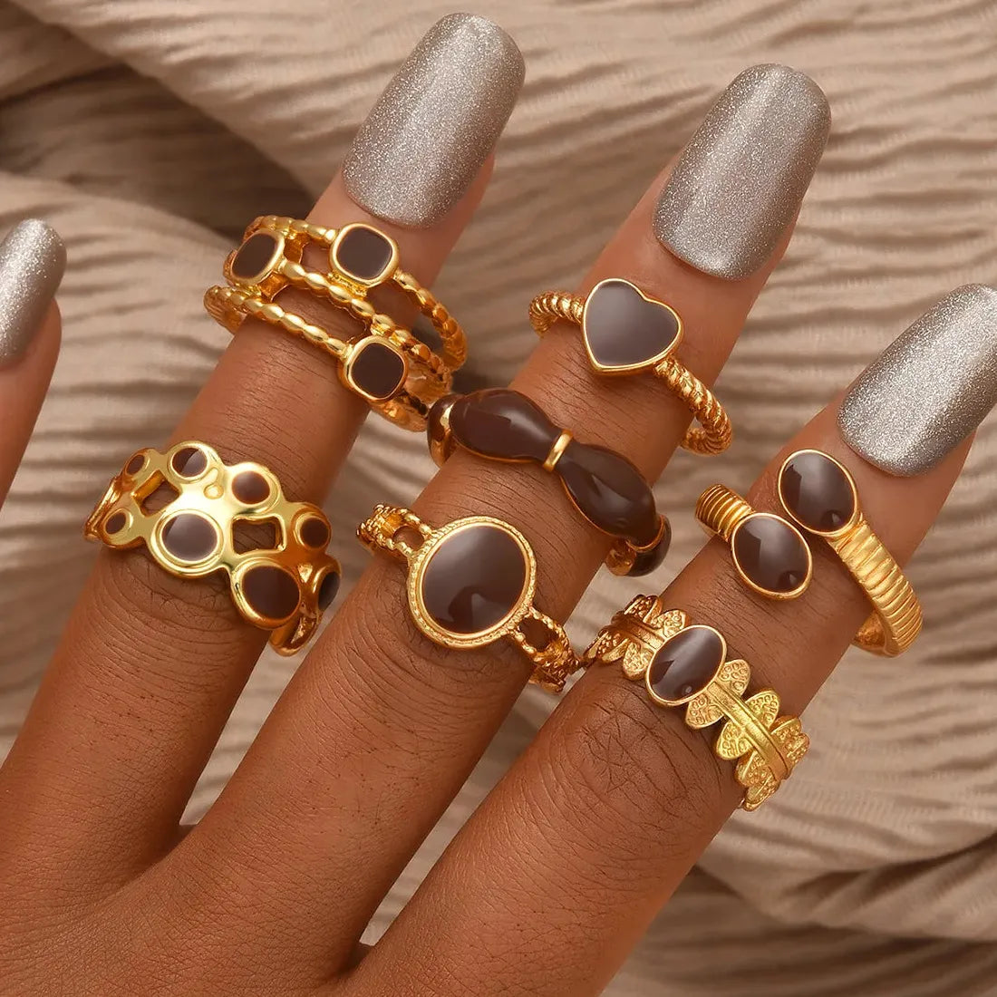 7Pcs Vintage Red Heart-Shaped Drip Oil Punk Open Rings Set for Women