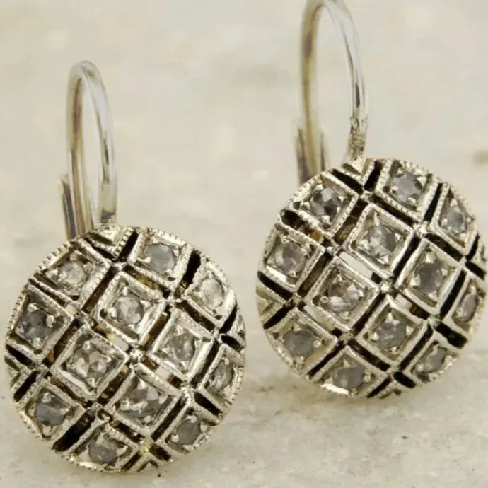 Retro Silver Geometric Circular Drop Earrings Grid Hollow CZ for Women