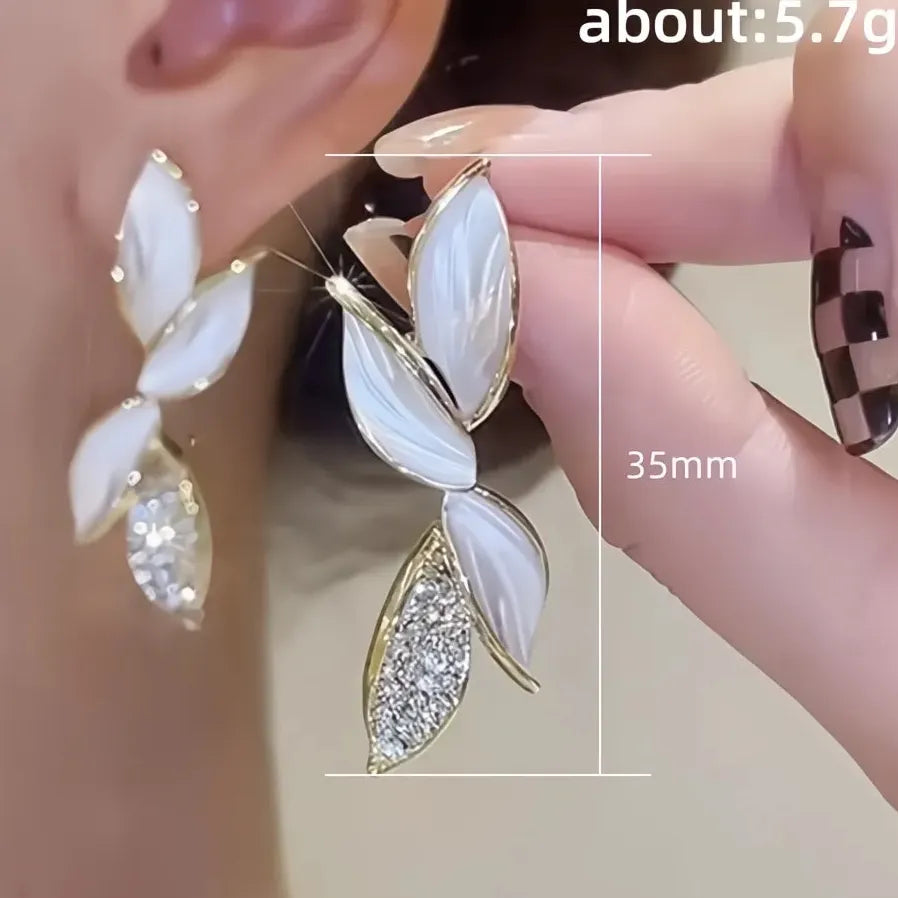 Korean White Leaf Gold Geometric Drop Earrings with Cubic Zirconia