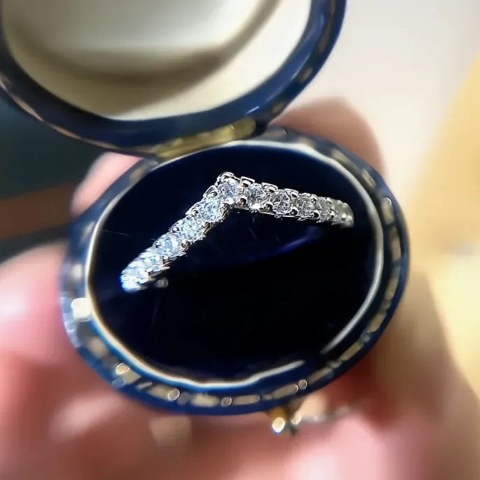 Women’s V-Shaped Brass Ring with Cubic Zirconia Geometric Wedding Band