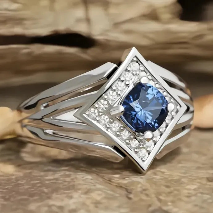 Women’s Silver Geometric Ring with Blue Cubic Zirconia Wedding Band Jewelry