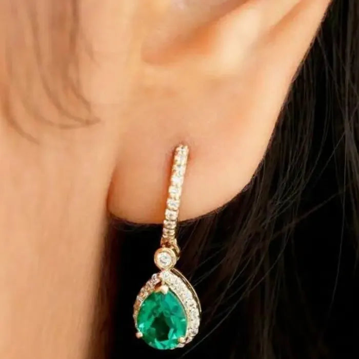 Gold Inlaid Green Water Droplet Zircon Pendant Drop Earrings for Girls Jewelry Gift