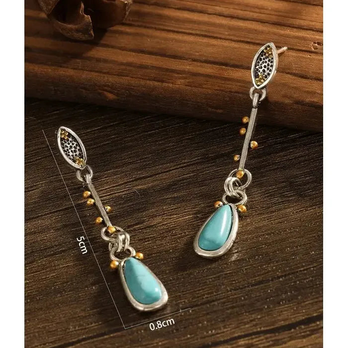 Vintage Synthetic Turquoise Water Droplet Long Pendant Earrings Zinc Alloy Bohemian Jewelry for Women