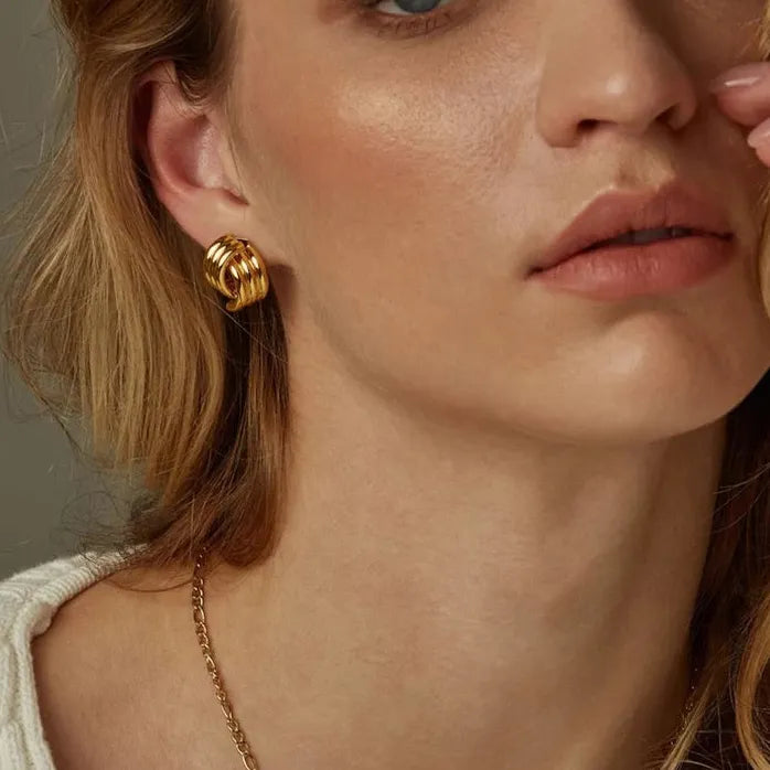 Gold Copper Alloy Three-Layer Textured Knot Earrings Women Vintage Jewelry