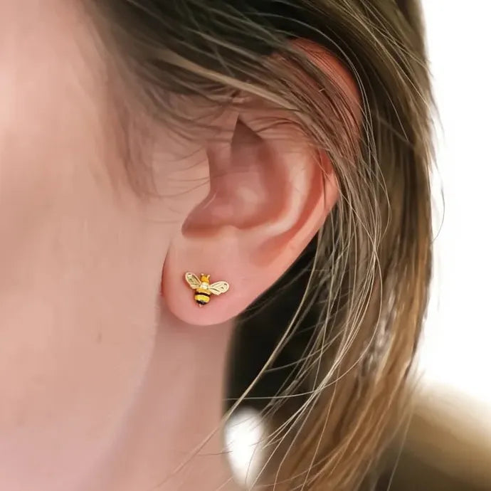 Yellow Bee and Flower Enamel Copper Alloy Stud Earrings Cute Gift Jewelry