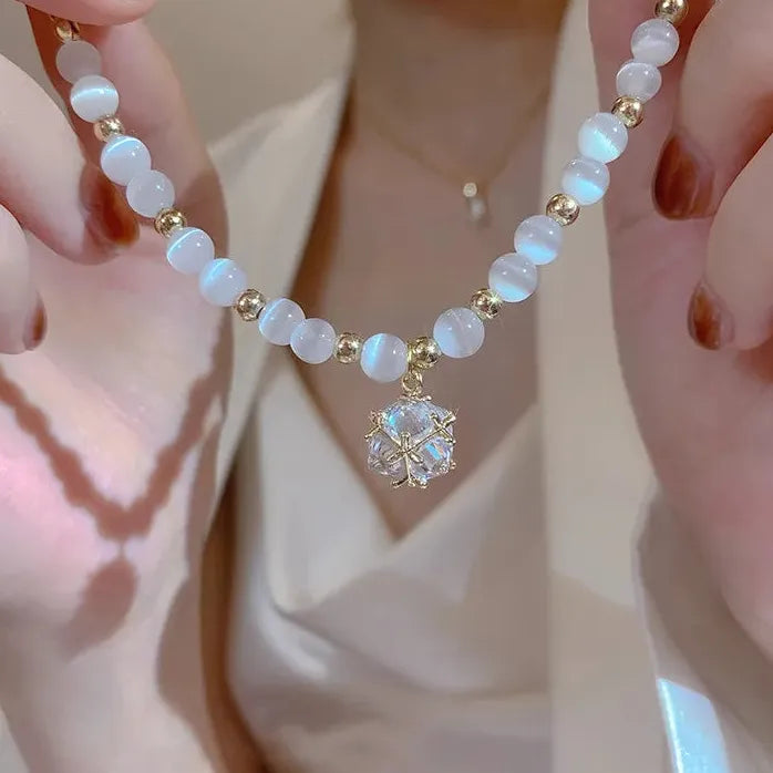 Korean White Opal Pearl Crystal Adjustable Cuff Bracelet Women Gift Jewelry