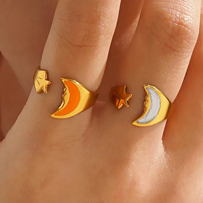 Adjustable Stainless Steel Star Moon Geometric Ring for Women Gift