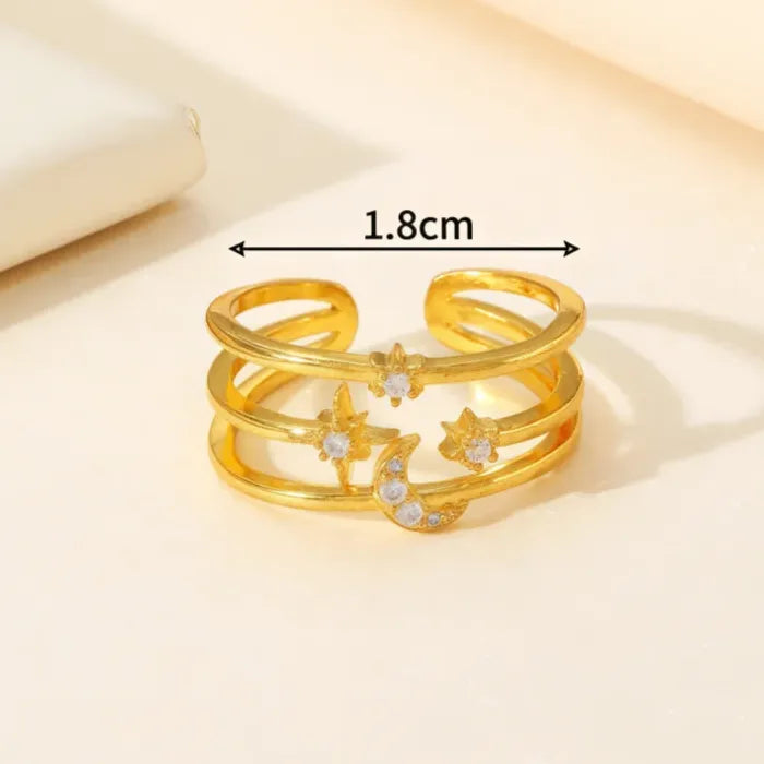 Adjustable Copper Ring Women’s Fashion Star Moon CZ Jewelry Accessories