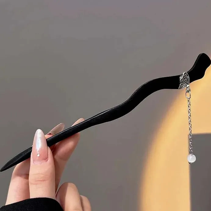 Wooden Chinese Style Flower Tassel Hair Stick with Pearl Pendant Hairpin