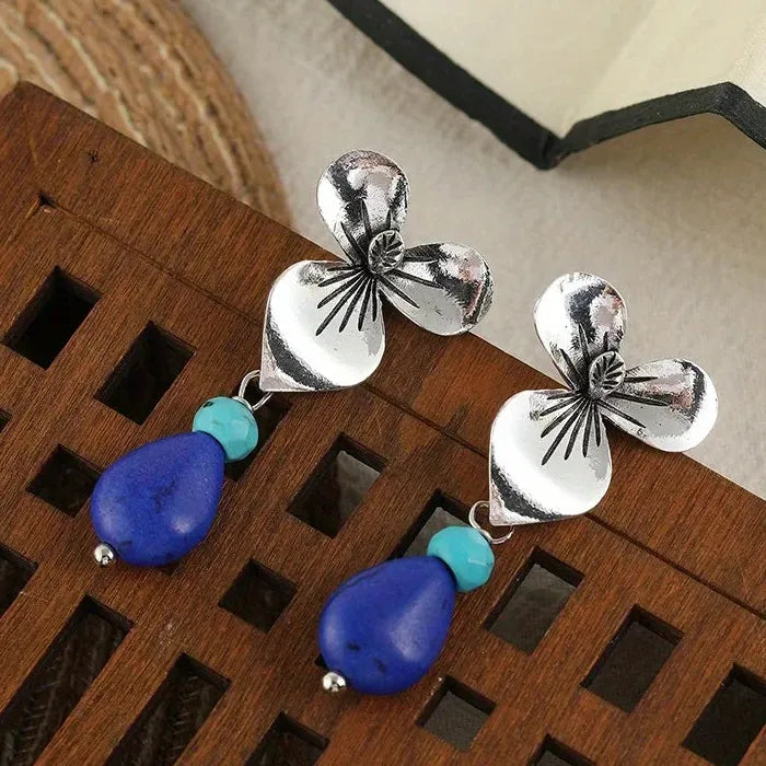Retro Water Drop Artificial Stone Pendant Earrings Zinc Alloy Flower Leaf Gift