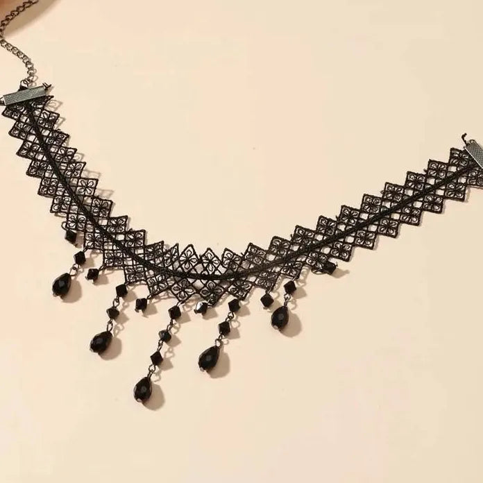 Punk Gothic Black Lace Crystal Flower Choker Necklace for Women Jewelry