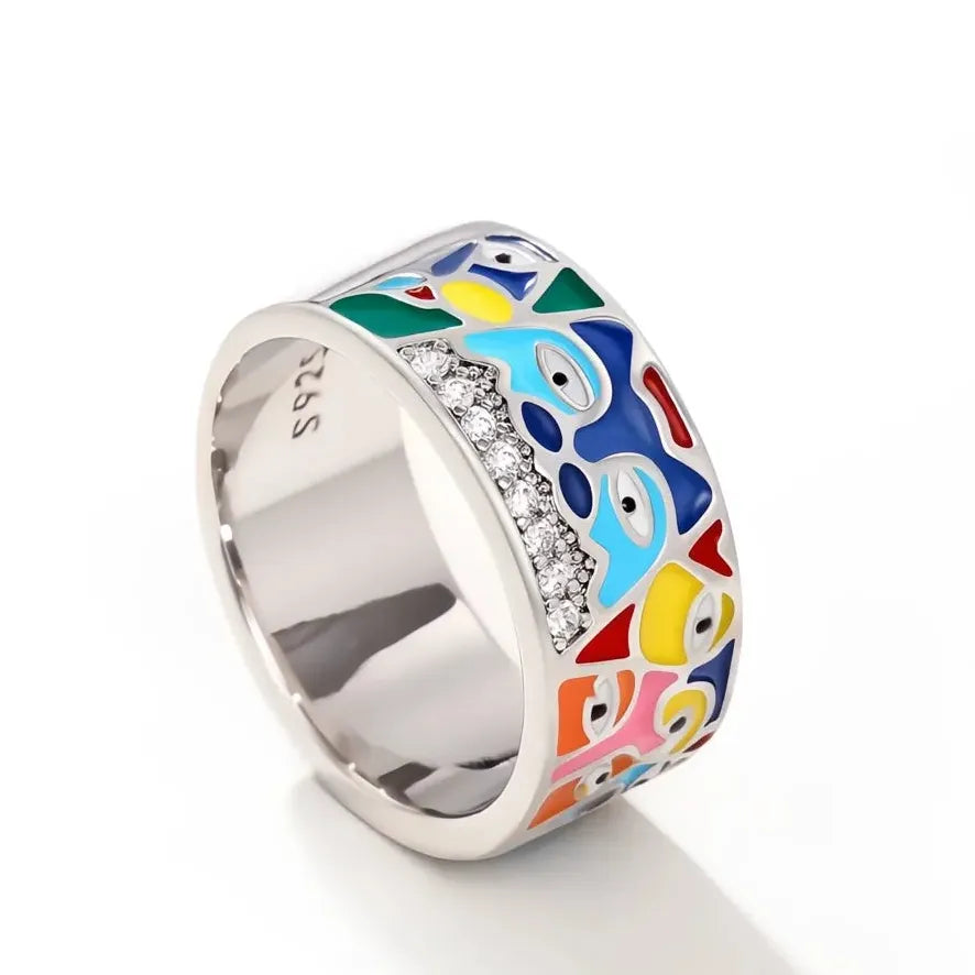 Gold Brass Geometric Ring with Colored Enamel and Cubic Zirconia Jewelry