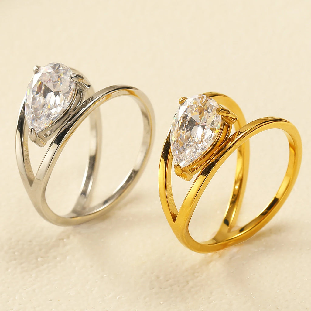 18k Gold Plated Stainless Steel Double Layer Circle Waterdrop Zircon Ring Women