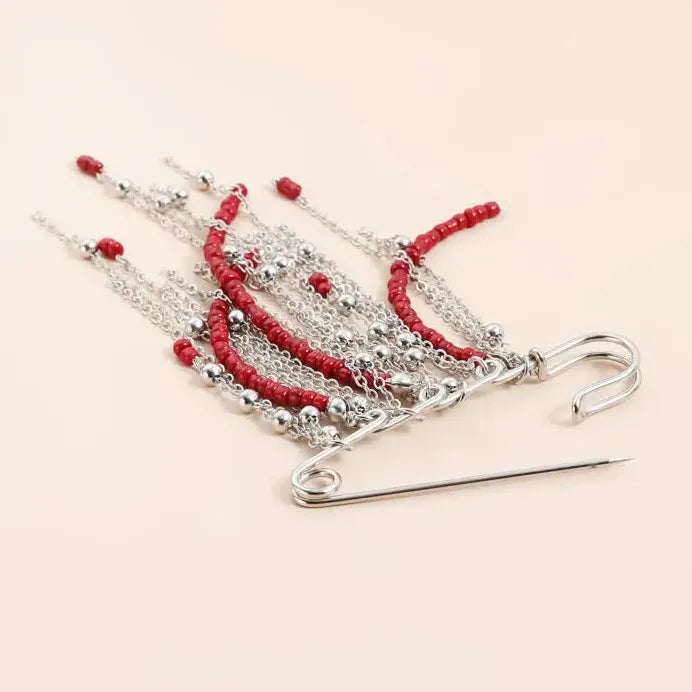 Retro Red Beaded Tassel Punk Brooch Pin Zinc Alloy Metal Jewelry