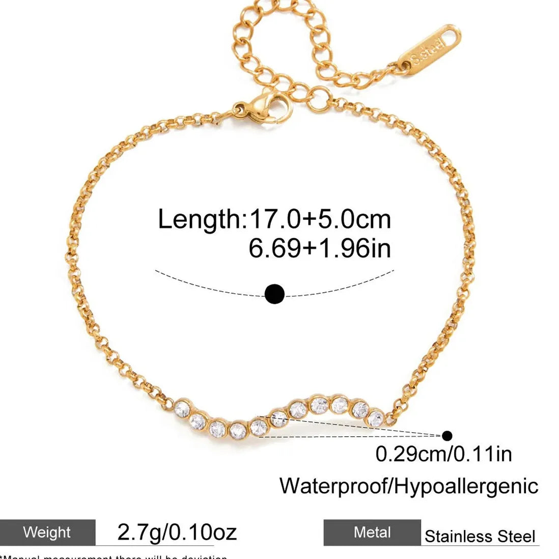Charm Sparkling Mini Zircon Geometric Heart Tennis Bracelet Women Stainless Steel PVD Gold Plated