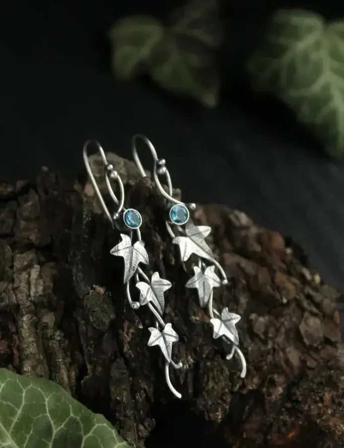 Vintage Ivy Elven Leaf Drop Earrings Women Silver Metal Crystal Jewelry