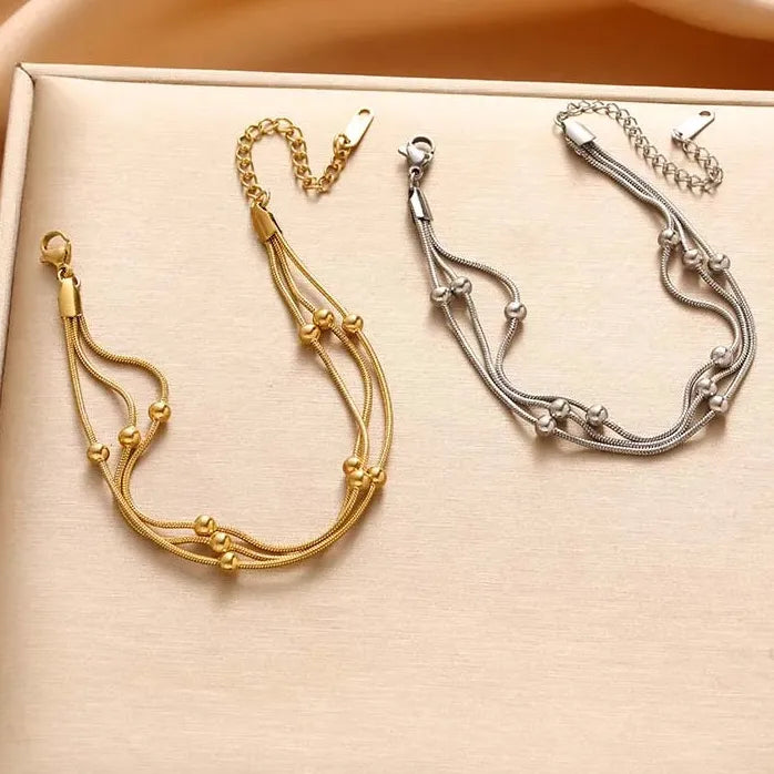 Stainless Steel Gold Beaded Round Multilayer Chain Bracelet for Women Fashion Jewelry