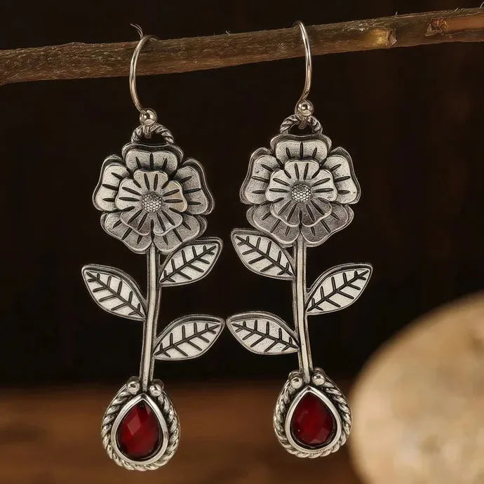 Vintage Metal Handmade Carving Flower Earrings with Redstone Inlay for Women