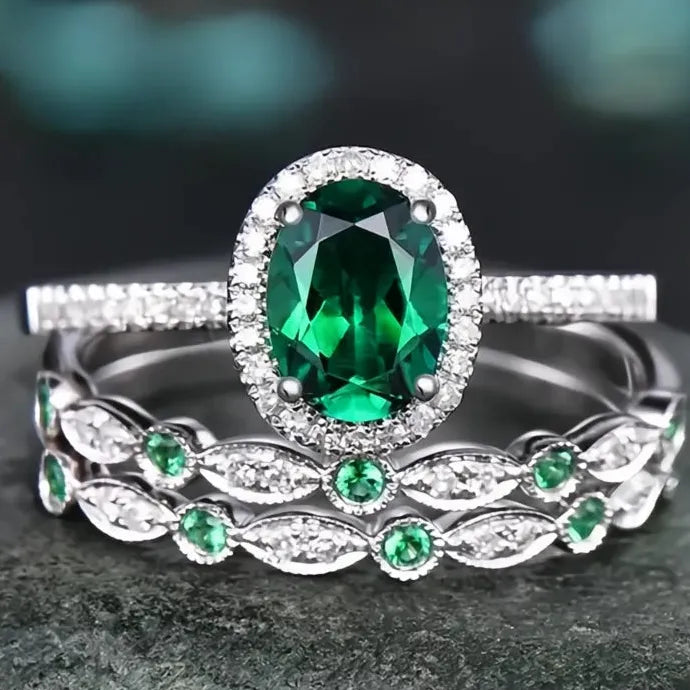 Luxury 3-Piece Green Cubic Zirconia Brass Wedding Ring Set Bridal Jewelry