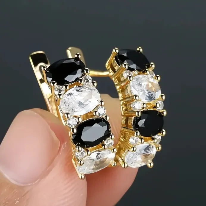 Geometric Gold, White & Black Cubic Zirconia Hoop Earrings for Women