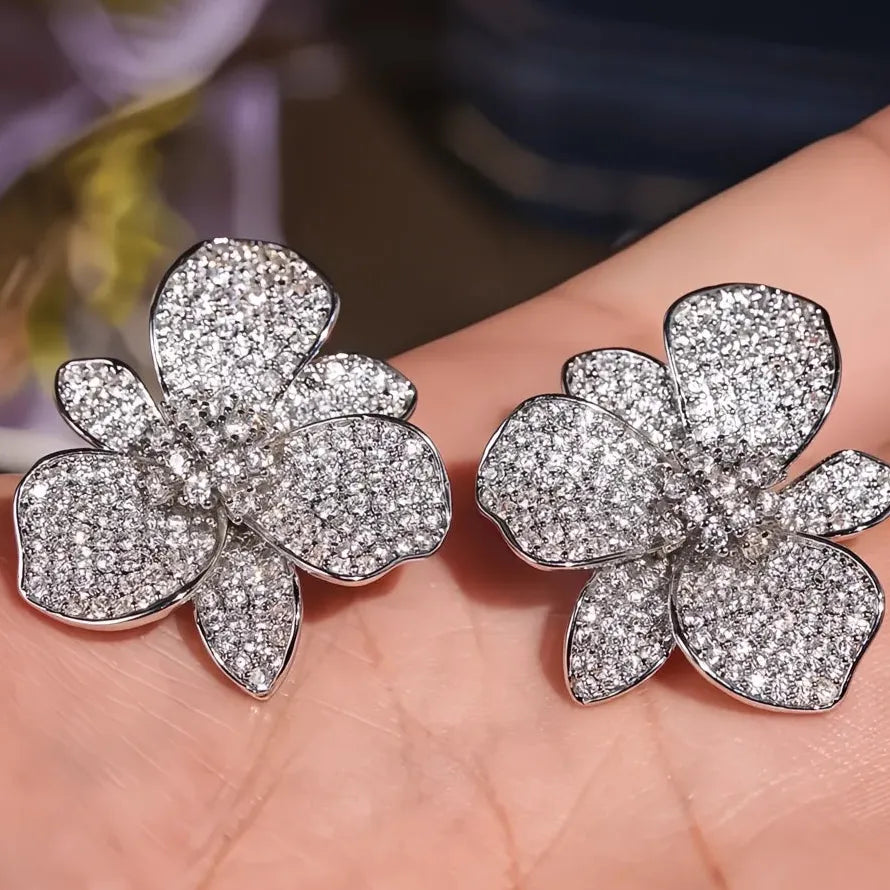 Elegant Flower Design Copper Alloy Stud Earrings with Pink White CZ for Women