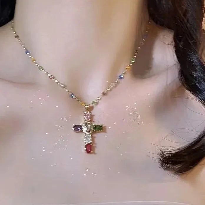 Stainless Steel Cross Pendant Necklace with Crystal Zircon for Women Men