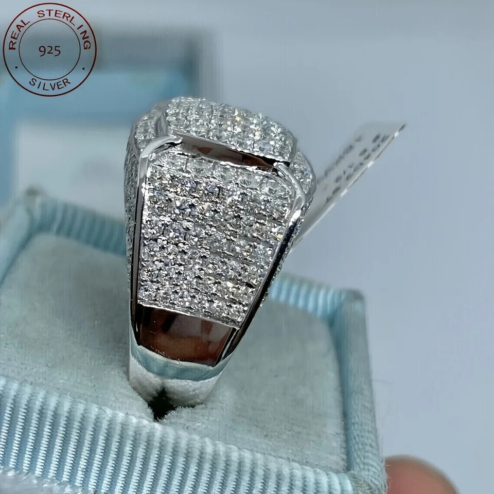 2025 Luxury 925 Sterling Silver Iced Out Square Men’s Hip Hop Wedding Band Ring
