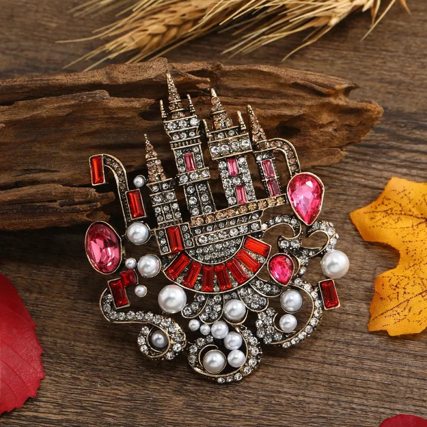 Vintage Pink Castle Palace Crystal Rhinestone Brooch Pin for Women