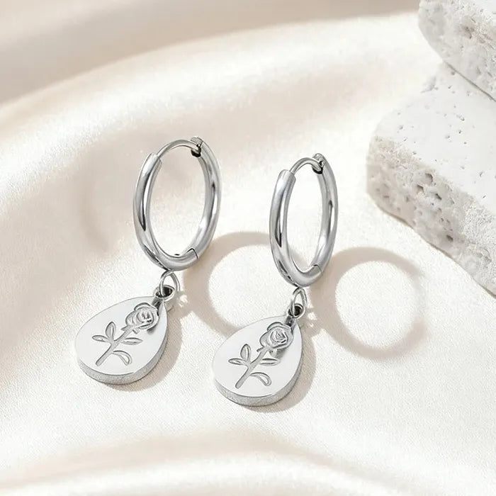 Stainless Steel Teardrop Rose Drop Earrings Romantic Dangle Gift