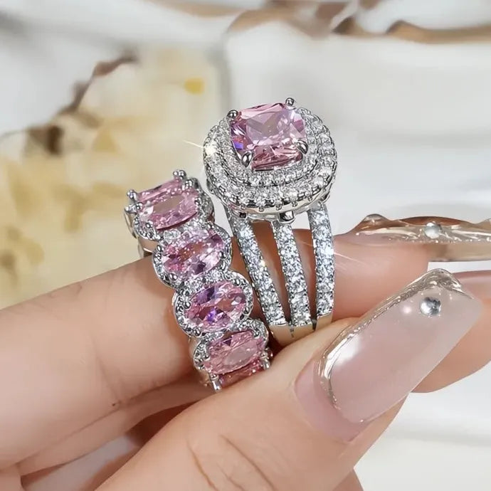2Pcs Women’s Wedding Rings Set Brass Cubic Zirconia Geometric Bridal Jewelry