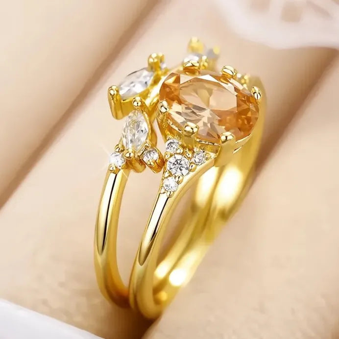 Women’s Bridal Ring Set with Champagne Cubic Zirconia Wedding Jewelry Gift