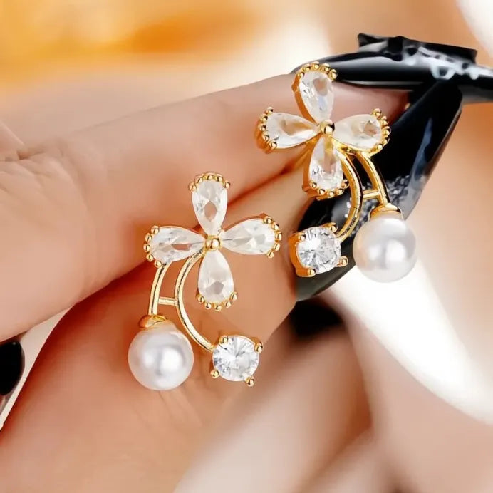 Simulated Pearl & Cubic Zirconia Crystal Flower Stud Earrings for Women