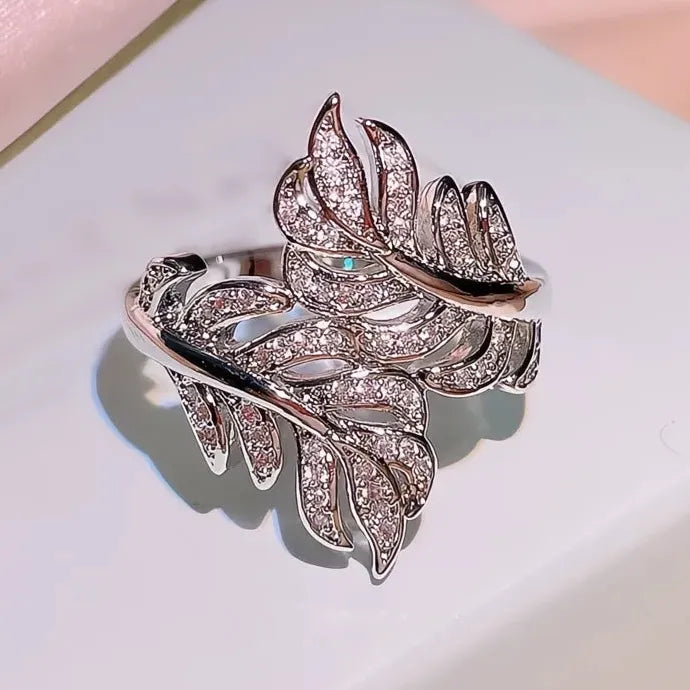 Silver Plated Leaves Ring with Crystal Cubic Zirconia Wedding Band for Women