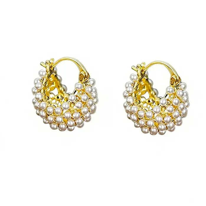 Imitation Pearl Hoop Earrings for Women Girls Hollow Flower Basket Design